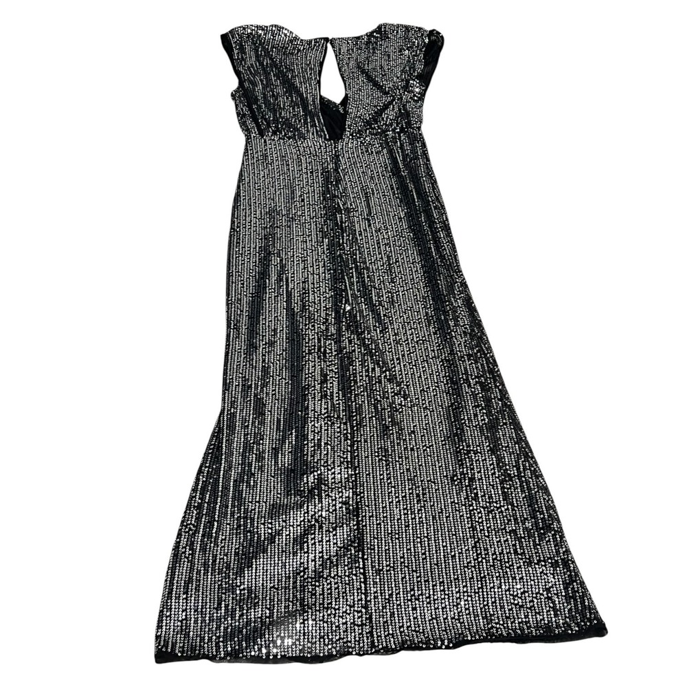 Black Silver Sequin Maxi Dress M Deep V Slit Glam Evening Gown - Picture 15 of 16